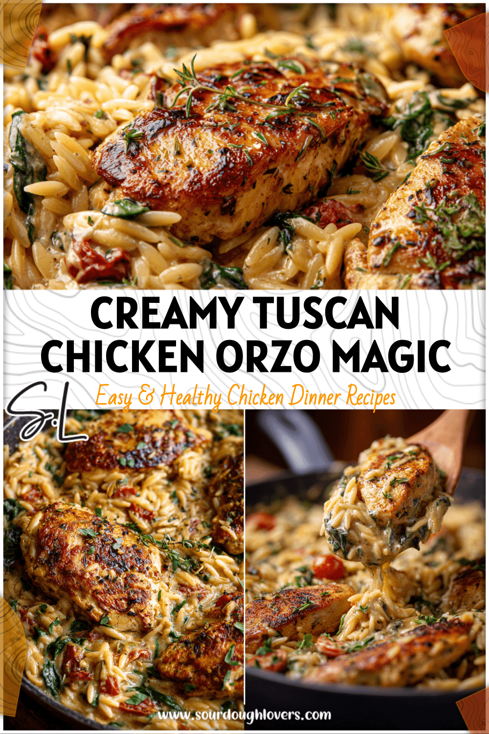 Creamy Tuscan Chicken Orzo served in a skillet with golden chicken and Mediterranean herbs as a one pot meal 26